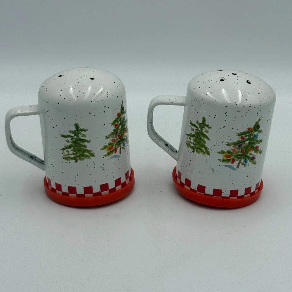Vintage Style Snowman Christmas Mug Salt and Pepper Shakers Set Speckled White